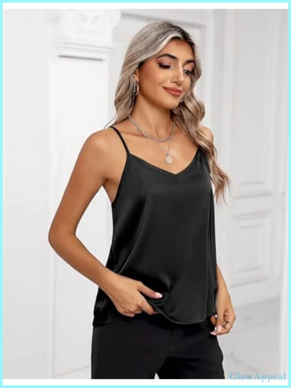 Silk Satin V Neck Adjustable Spaghetti Strap Camisole Tank Top